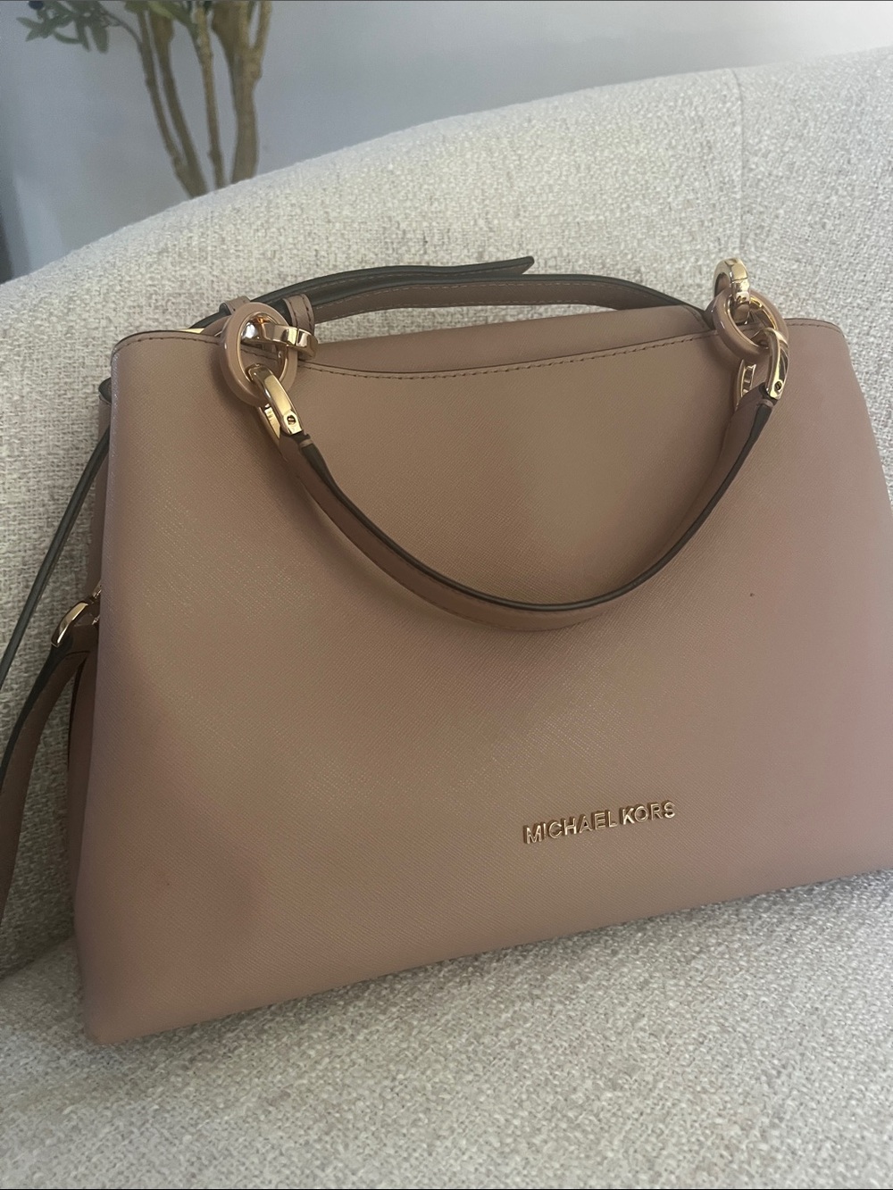 Michael Kors Pink-Tan Saffiano Leather Satchel with Gold Hardware